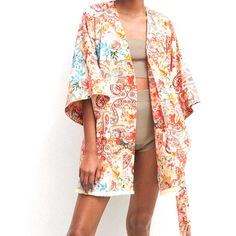 Zara Bellted Patchwork Kimono, New Never Worn Excellent Condition, Can Be Worn As A Swimsuit Cover,Multi Colored, Size M/L Summer Daywear Kimono, Summer Kimono For Daywear, Multicolor Outerwear For Spring Loungewear, White Printed Summer Outerwear, Printed Open Front Outerwear For Summer, Cream Open Front Kimono For Summer, Casual Open Front Kimono For Daywear, Oversized Summer Loungewear Outerwear, Oversized Cotton Kimono For Spring