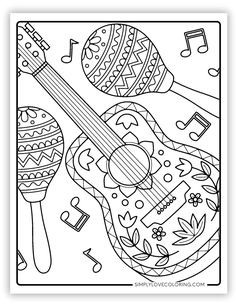 a black and white coloring page with musical instruments