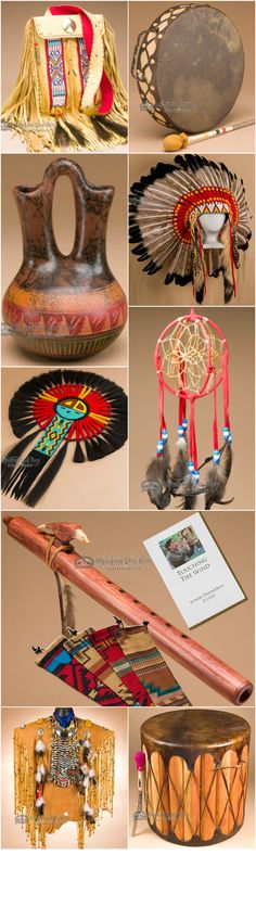 several native american items are shown in this collage