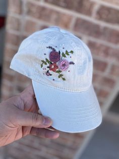 Casual Cotton Baseball Cap With Custom Embroidery, Cotton Baseball Cap With Floral Embroidery, Embroidered Cotton Fitted Baseball Cap, Embroidered Cotton Baseball Cap, Embroidered Cotton Dad Hat, Cotton Baseball Cap With Embroidered Curved Visor, Custom Embroidered Cotton Trucker Hat With Curved Bill, Custom Embroidered Cotton Baseball Cap, Adjustable Cotton Baseball Cap With Custom Embroidery