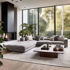 a modern living room with large windows and a long couch in front of the fireplace