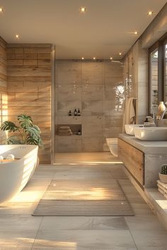 a large bathroom with two sinks and a bathtub in the middle of the room