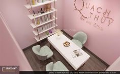 the interior of a beauty salon with pink walls and white tables, chairs and shelves