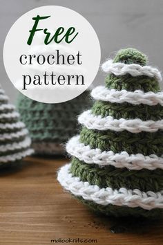 three crocheted christmas trees with the text free crochet pattern on top