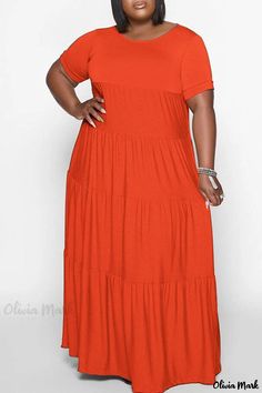 Olivia Mark - Red Plus-Size Casual Straight Dress with O-Neckline, featuring Solid Patchwork Design Solid Dress Casual, Preppy Dresses, Long Skirts For Women, Trendy Fashion Outfits, Straight Dress, Ruffled Maxi Dress, Plus Size Maxi Dresses, Daily Dress, Solid Dress