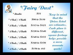 an advertisement for fairy dust with prices on the front and back side, including $ 35 to $ 350