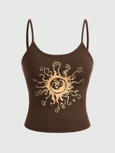 Brown Casual Collar  Fabric Graphic Cami Embellished Medium Stretch  Women Clothing Cool Tank Tops For Women, Moon Clothes, Sun Outfit, Witchy Outfits, Hippie Tank Tops, Plus Size Summer Casual, Hippie Top, Tops Trendy, Hippie Tops