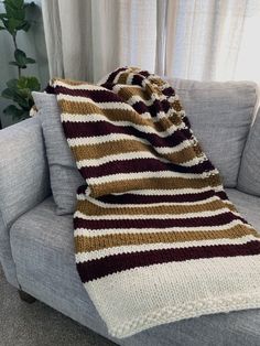 super bulky knit blanket with alternating stripes of color Games With Friends, Night Games, Knitted Afghans, Camping Blanket, Lion Brand Yarn, Afghan Blanket, Super Bulky, Blanket Knitting Patterns, Circular Needles