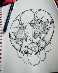 a drawing of a circular object with roses and leaves on the top, surrounded by circles