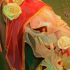 a digital painting of a man with flowers in his hair and wearing a red cape