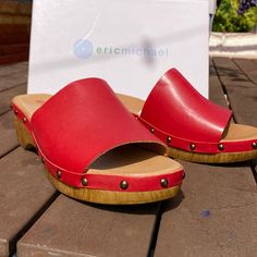 Handcrafted In Portugal, Red Leather Clog Sandals New In Box. Does Run About 1/2 Size Long. Red Clogs For Beachwear In Summer, Red Summer Beach Clogs, Red Platform Slip-on Sandals, Red Rubber Sole Mules For Summer, Red Slip-on Mules For Summer, Summer Red Mules With Rubber Sole, Casual Red Summer Mules, Red Leather Platform Clogs, Red Round Toe Beach Clogs