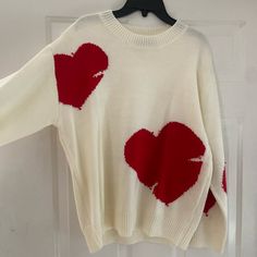 White Sweater With Hearts Never Worn Shein Size L White Heart Sweater For Winter, White Heart-shaped Sweater For Spring, White Heart Print Sweater For Winter, White Sweater For Valentine's Day, White Casual Sweater With Heart Print, Casual White Sweater With Heart Print, Casual White Heart Print Sweater, White Long Sleeve Sweater For Valentine's Day, White Trendy Sweater With Heart Print