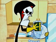 a cartoon character holding a plate with a skull on it