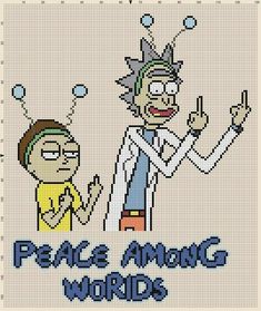 a cross stitch pattern with the words peace among words and an image of two cartoon characters