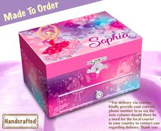 a pink box with an image of a fairy on it and the words, made to order