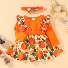 Toddler Girls Long Sleeve Pumpkin Print Dress Scarf Two Piece Set - PrettyKid Playful Dress For Playtime In Fall, Cute Multicolor Winter Dresses, Cute Multicolor Long Sleeve Dresses, Cute Playtime Dresses For Fall, Cute Dresses For Playtime In Fall, Cute Long Sleeve Cotton Dress, Playful Long Sleeve Dresses For Fall, Orange Long Sleeve Fall Dress, Playful Long Sleeve Cotton Dresses