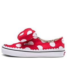 To honor Mickey Mouse's 90th birthday, Vans teamed up with Disney for a special collection. The Vans Authentic Gore 'Minnie's Bow' was created to celebrate Minnie Mouse's iconic style. The sneaker features a red and white polka-dot design on the canvas upper, with Minnie's signature bow in place of laces. The interior of the shoe is stamped with classic Mickey cartoons for a unique look. The sneakers come in their own special-edition packaging, making them the perfect gift for any Disney fan. Vans Disney, Mickey Cartoons, Disney Vans, Authentic Vans, Minnie Bow, White Shoes Sneakers, Disney Fan, Vans Shop, Polka Dot Design