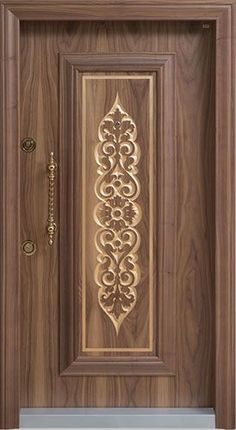 a wooden door with an ornate design on the front and side panels, in dark wood