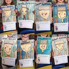 several pictures of children holding up their art work for the school's annual contest