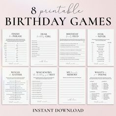 the 8 printable birthday games are on display in front of a pink background with black and