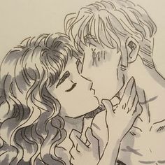 a drawing of a man kissing a woman's face with her hand on her cheek