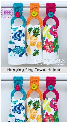 four different types of hand towels hanging on a rack with buttons and handles, each featuring an image of pineapples