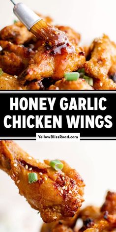 honey garlic chicken wings on a white plate with the words honey garlic chicken wings above it