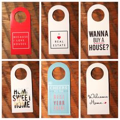 six door hangers with different sayings on them, all painted white and red