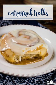 a cinnamon roll on a white plate with caramel glaze and text overlay