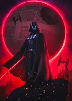 darth vader sitting in front of a red eclipse with his lights on and the dark side behind him