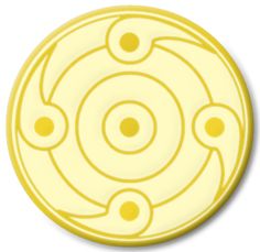 a yellow plate with circles and dots on it