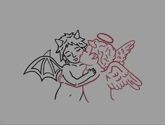 an angel and demon hugging each other with red ink on grey paper in the background