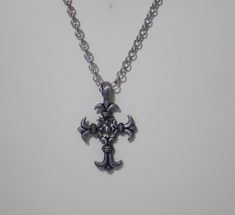 "Large antique pewter, 58mmx36mm double-sided cross pendant on a 20\" rhodium plated rolo chain necklace. Comes in gift box." Gunmetal Cross Metal Jewelry, Oxidized Stainless Steel Cross Jewelry, Oxidized Finish Stainless Steel Cross Jewelry, Nickel-free Metal Cross Pendant Necklace, Antique Silver Cross Pendant Necklace For Gift, Gunmetal Cross Necklace Gift, Dread Hairstyles For Men, Hair Accessories Collection, Rocker Chic