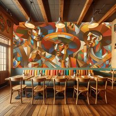 a restaurant with wooden tables and chairs in front of a colorful mural