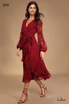 Nothing beats a day spent in the Lulus Spectacular Feeling Burgundy Embroidered Faux Wrap Midi Dress! This gorgeous chiffon midi dress has an embroidered floral pattern throughout its princess-seamed surplice bodice, long sheer sleeves, and high, banded waist with a tying sash. Flouncy, asymmetrical ruffles add to the faux-wrap effect across the midi skirt. Hidden back zipper/clasp. Fit: This garment fits true to size. Length: Mid-calf length. Size medium measures 51" from shoulder to hem. Bust: Great for any cup size. Waist: Fitted - very fitted at natural waist. Hip: Not Fitted - room for hips. Undergarments: May be worn with petals, or no bra. Fabric: Fabric has no stretch. Lined. Shell: 100% Polyester. Lining: 100% Polyester. Hand Wash Cold. Do Not Bleach. Line Dry. Iron Low Heat. Impo November Wedding Guest Outfits, Tulle Skirt Dress, Velvet Wrap Dress, Fall Wedding Guest Dress, Chiffon Midi Dress, Lace Overlay Dress, Trendy Fall Outfits, Wrap Midi Dress, Block Dress