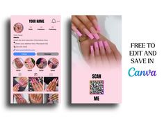 a phone with pink nails on it and the text free to edit and save in canva