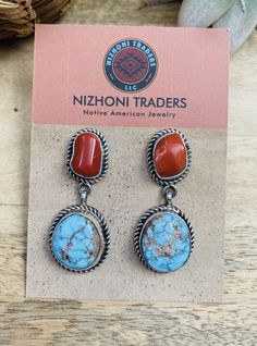 Beautiful Handmade Navajo Turquoise, Red Coral and Sterling Silver Dangle Earrings. These earrings measure 1 7/8 inches long and 7/8 of an inch wide. Signed by the artist and stamped Sterling. Such a pretty pair! Thank you for visiting our store. Please let us know if you have any questions. Southwestern Style Blue Drop Earrings, Southwestern Blue Drop Earrings, Southwestern Blue Earrings For Gift, Blue Southwestern Style Earrings For Gift, Southwestern Blue Earrings With Natural Stones, Blue Southwestern Earrings With Natural Stones, Jewelry Antique, Navajo Turquoise, Silver Dangle Earrings