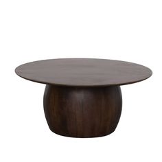 a round wooden table with an oval top and dark wood grained finish on the base