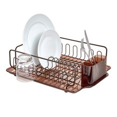 a dish rack with plates and utensils in it