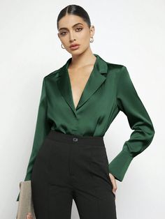 Solid Lapel Neck Satin Shirt Dark Green Elegant  Long Sleeve Satin Plain Shirt Non-Stretch  Women Clothing, size features are:Bust: ,Length: ,Sleeve Length: Green Corporate Attire, Emerald Green Clothes Aesthetic, Silk Button Down, Green Shirt Outfit, Satin Shirts For Women, Silk Shirt Outfit, Green Shirt Outfits, Satin Shirts, Corporate Attire