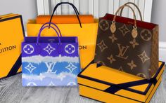 four different colored bags sitting next to each other on top of a wooden floor with the words louis vuitton written on them