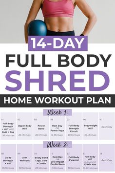 the full body shred home workout plan is shown in purple and black with an image of