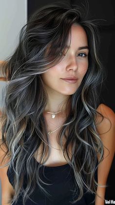 Silver Symphony: 25 Trendy Silver Hair Color Ideas for Your Stunning Look Black And Ash Highlights, Dark Hair Grey Streak, Grey Balayage Black Hair, Long Dark Hair With Gray Highlights, Black And Grey Balayage Hair, Subtle Gray Highlights On Dark Hair, Black Hair With Few Highlights, Silver Dark Hair, Silver Hair Brunette