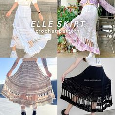 four pictures of different styles of skirts and dresses with crochet patterns on them