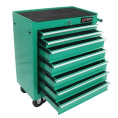 a green tool box with six drawers on it's wheels and the bottom drawer is open