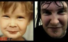 two different pictures of a young boy and an older man with hair in the same photo