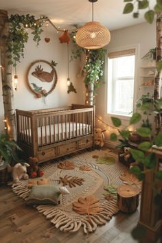 a baby's room is decorated with plants and stuffed animals on the rugs