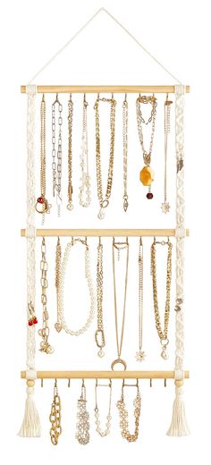 PRICES MAY VARY. cotton, wood Stylish Design: Wall hanging jewelry organizer is designed by using wooden sticks with hooks and cotton rope, filled with boho style,beautiful, pretty,sturdy and durable, suitable for any home decoration. Functional: Necklace display rack comes with 30 hooks to meet your daily use.The hooks are sturdy and durable. And the braided rope pattern on both sides can hair bow holder and hang earrings with fish hooks. Versatile Jewelry Organizer:The jewelry rack has enough Hanging Necklace Organizer, Necklace Rack, Necklace Hanger, Bow Organizer, Diy Jewelry Display, Diy Jewelry Holder, Jewelry Organizer Wall, Jewelry Wall, Necklace Storage