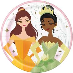 a paper plate with an image of two women dressed as disney princesses on it