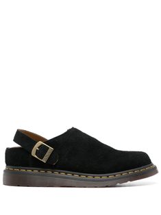 black calf suede brushed finish contrast stitching round toe elasticated side panel open back buckle-fastening slingback strap logo charm branded leather insole chunky rubber sole slip-on style Classic Slip-on Mules With Buckle Closure, Black Suede Clogs With Suede Lining, Leather Slip-ons With Buckle Closure, Slip-on Leather Slingback Mules, Classic Black Slingback Mules, Leather Slingback Slip-on Mules, Black Leather Clogs With Stitched Sole, Classic Black Mules With Buckle Closure, Black Suede Mules With Leather Footbed